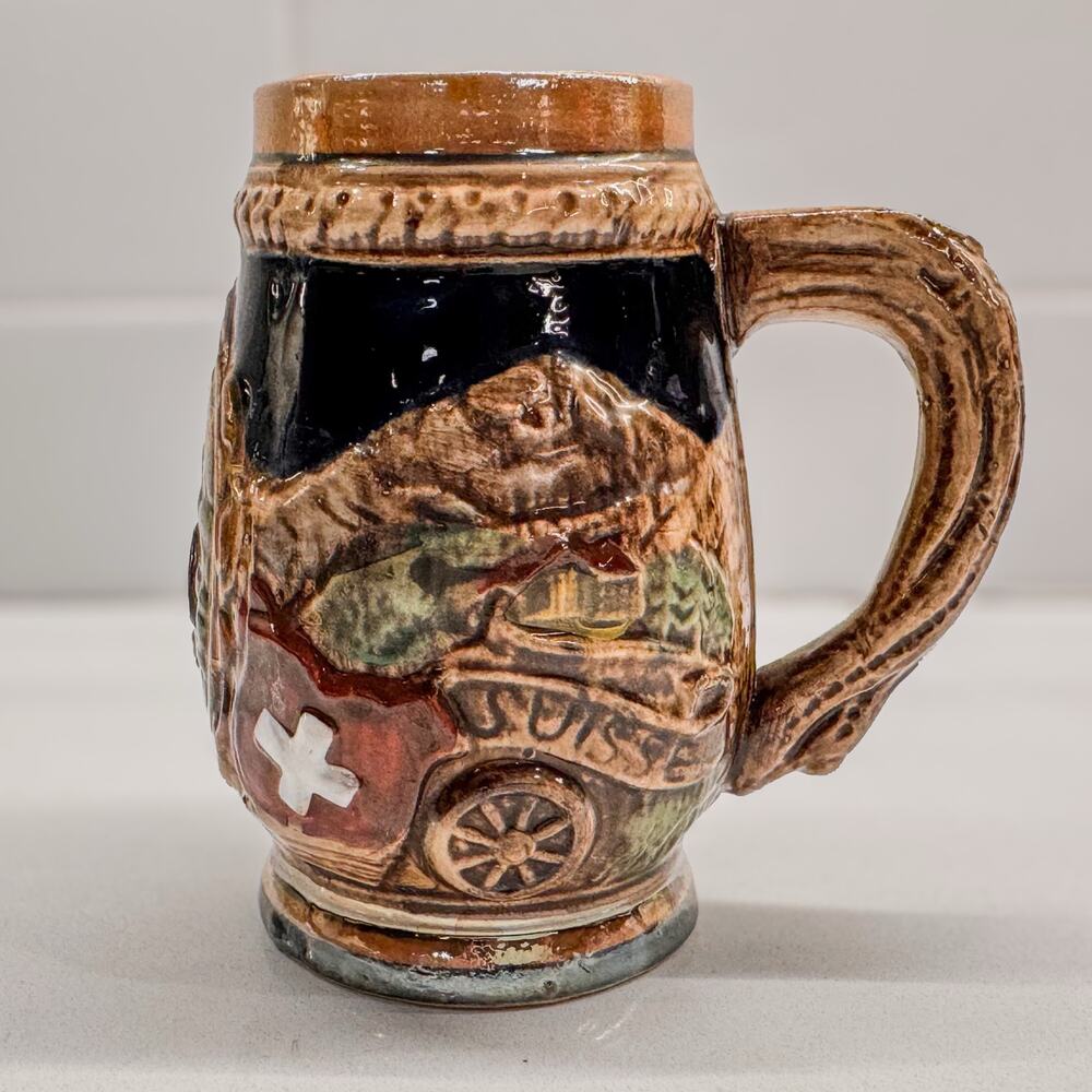 Vintage 20th Century Swiss Suisse Schweiz Horn Ceramic Beer Stein, 5"